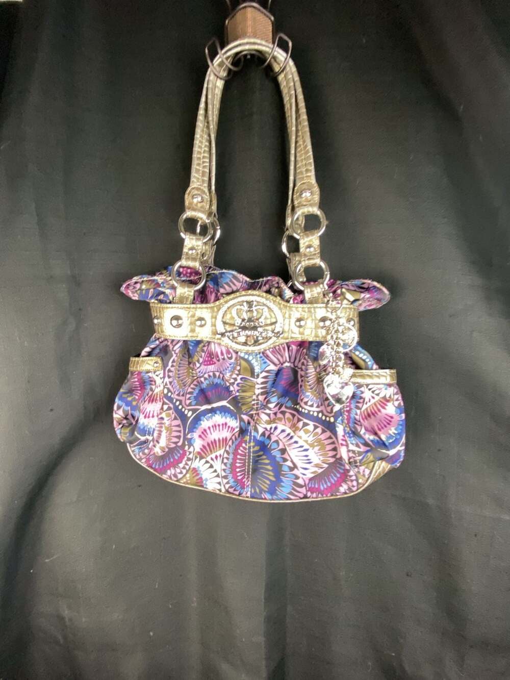 Kathy Van Zeeland Paisley Print Slouchy Satchel with Rhinestone Crown Logo